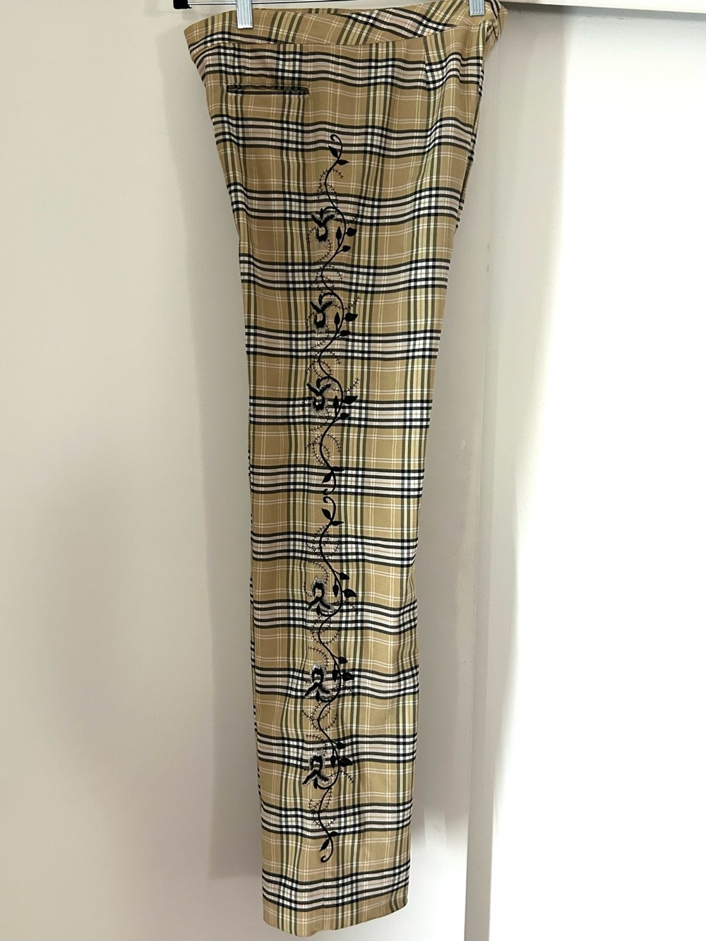 Y2K Plaid Flare Pants/Black & Silver Embroidery. RARE